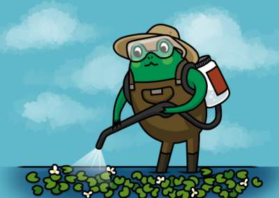 Froggy mascot spraying herbicide